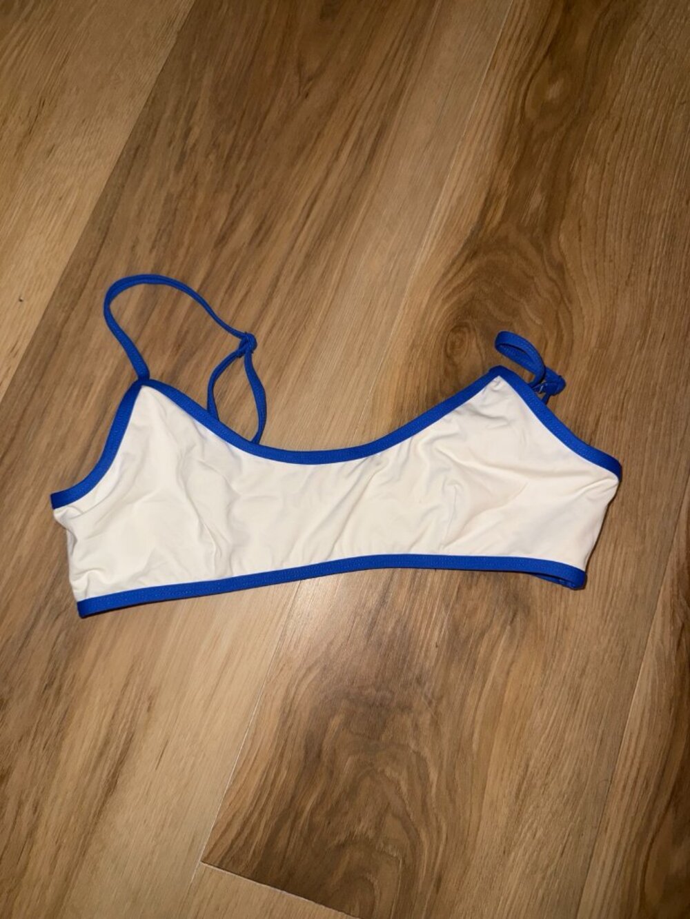 Blue trim and white Garage bikini top